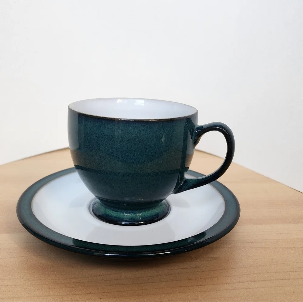 Vintage Denby England Greenwich Teal Stoneware Cup & Saucer Set